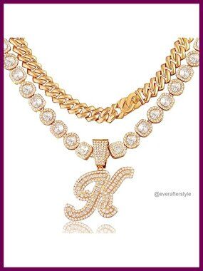 Cuban Link Chain Set Initial Necklace Rhinestone 14mm Hip Hop Jewelry